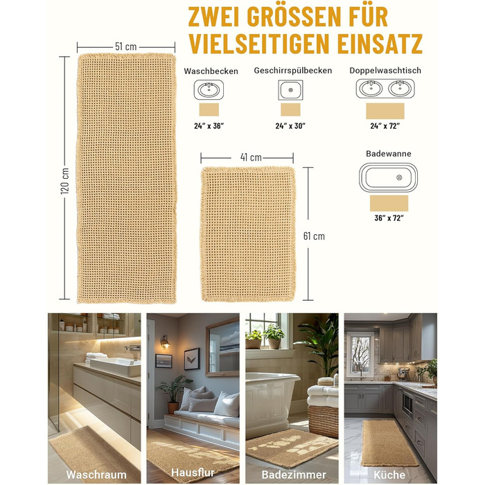 Boho Bathroom Rug Set - Non-Slip Bath Mats (2 Piece) - Washable Shower Rugs for Bathroom, Bedroom, Living Room - 51x120cm + 41x61cm Brown