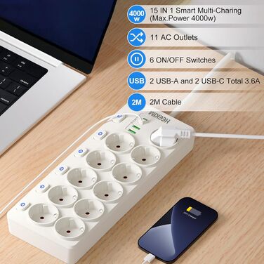 Многорозетка HEEKIM з USB, 11 розеток (2 USB-A, 2 USB-C), 4000W, 16A, з індивідуальним вимикачем, 2м кабель, для дому, школи, офісу