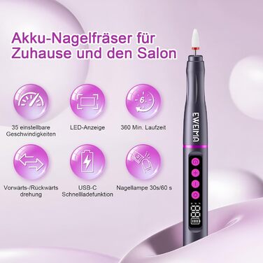 Електричний фрезер для нігтів EWEIMA 13 в 1 бездротовий, 35000 об/хв, 35 швидкостей, 66 насадок для гель-манікюру, професійний нейл-дриль, 1000mAh, сірий