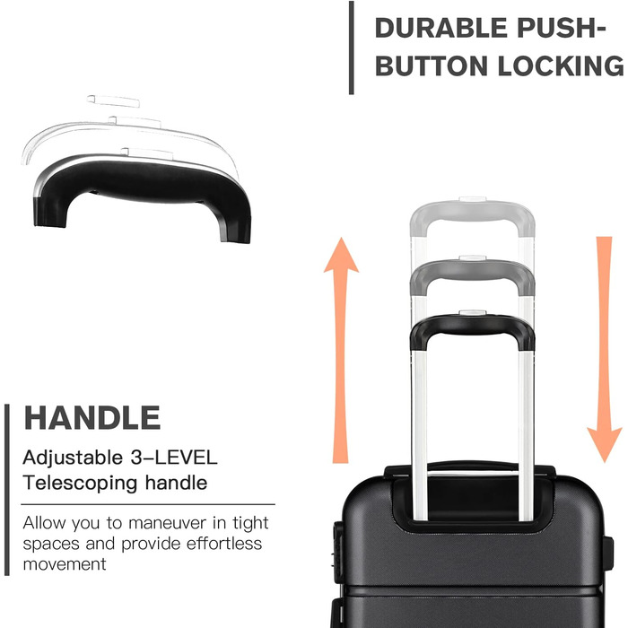 Чемодан ручної поклажі KONO з жорсткою оболонкою, на колесах, 55x38x22 см, 33 літри, ABS, чорний