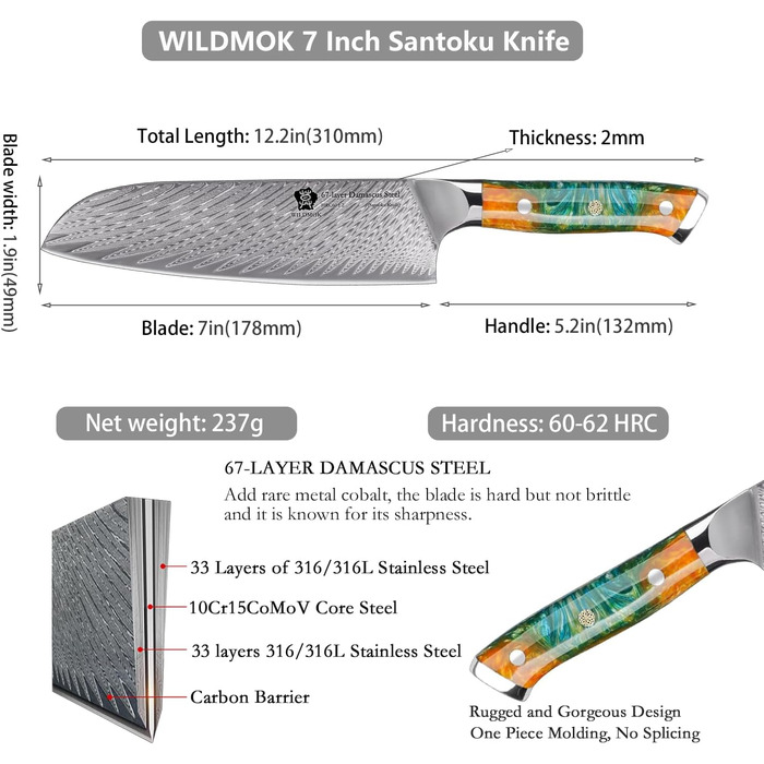 Японський кухонний ніж Santoku WILDMOK 17 см з дамаської сталі VG10, жовтий ергономічний руків'я для дому та ресторану