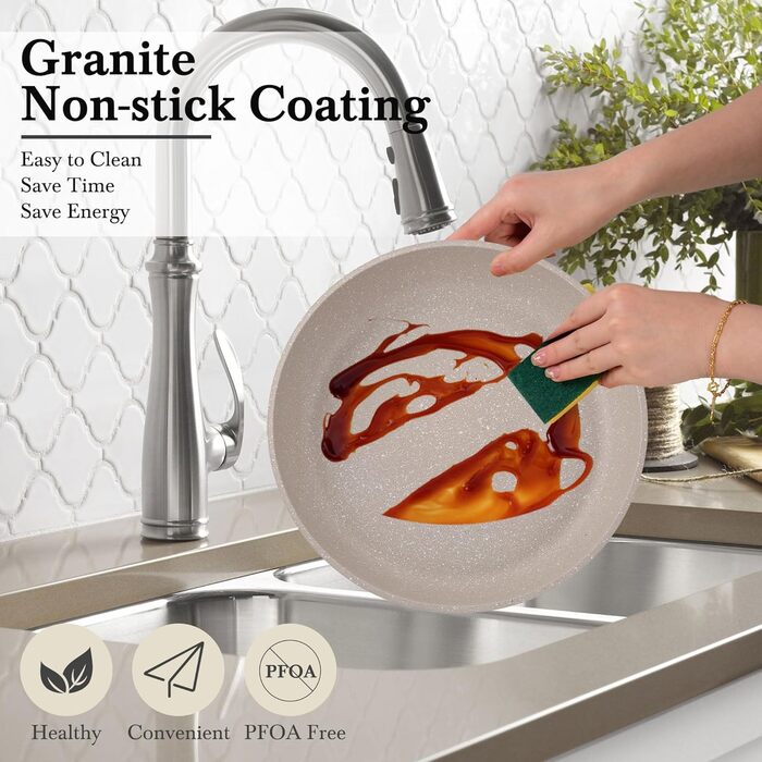 Набір посуду RIOVARM з індукційним дном, 15 предметів: каструлі та сковороди з антипригарним гранітним покриттям та знімними ручками, кришки з силікону. Без PFOA.