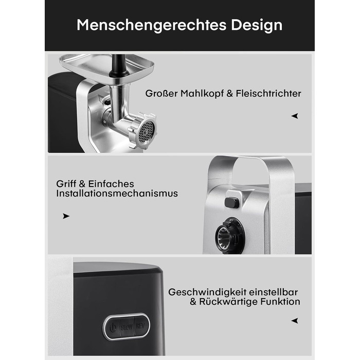 Electric Meat Grinder 5-in-1 - 700W Power, 2800W Max Blocking Capacity, Stainless Steel Grinding Plates (3, 5, 7mm), Sausage Maker, Kubbe Attachment, Black