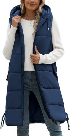 Жіноча довга стьобана жилетка Vancavoo з капюшоном, тепла зимова жилетка, довга жилетка (Морська синя, S)
