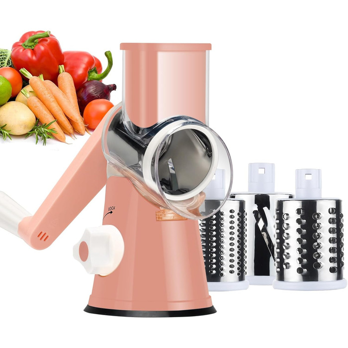 Ручна тертка Ourokhome Rotary: тертка для овочів, сиру, горіхів, картоплі, моркви, кабачків (рожева) з 3 лезами