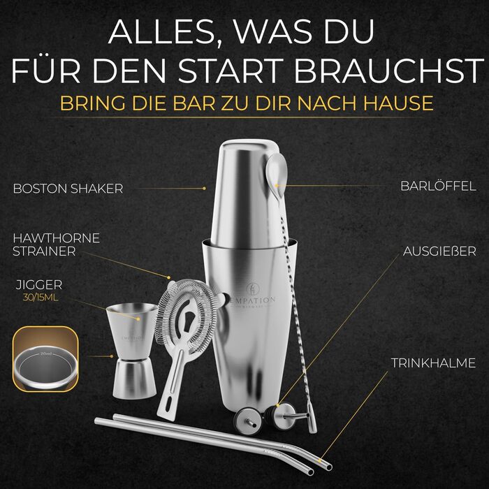 Набір для коктейлів EMPATION, 8 предметів: Boston Shaker з нержавіючої сталі 825 мл, мінімалістичний барний аксесуар, набір для початківців та професіоналів, ідеальний подарунок