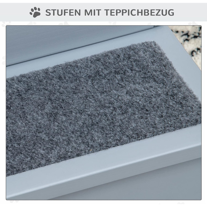 PawHut Dog Stairs 3 Steps Cat Stairs Pet Stairs Dog Stairs for Dogs and Cats Pet Stair Entry Aid with Carpet Storage for Sofa Bed Pine Wood Grey 40.5 x 44.5 x 38 cm