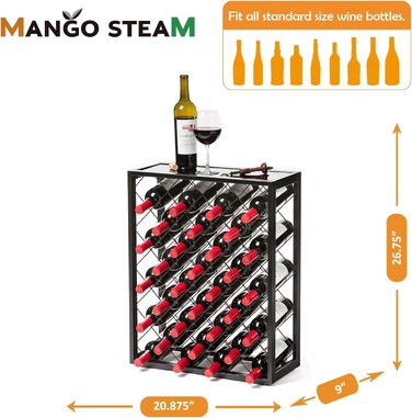 Винний стелаж Mango Steam на 32 пляшки з верхньою скляною полицею, чорний