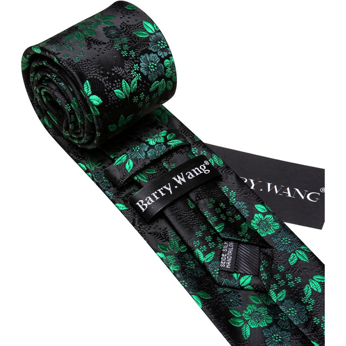 Комплект краваток Barry.Wang: краватка, кишеньковий хустинка та запонки. Чорний колір з зеленим квітковим візерунком, для весілля та ділових зустрічей