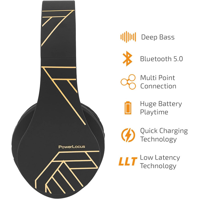 Бездротові навушники PowerLocus Over-Ear з Bluetooth, мікрофоном, складні конструкції, м'які амбушюри, Hi-Fi стерео бас, для дітей/дорослих/TV/PC/Home Office (Чорний/Золотий)