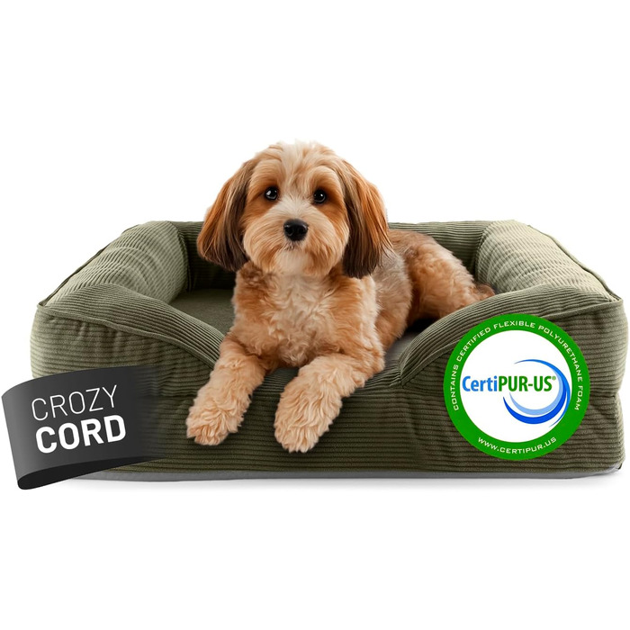 Ортопедичне собаче ліжко Lumaland з корду | Собаче ліжко-софа 70x60 см - для маленьких собак | Зі стійким дном | Знімний та пральний чохол | Собаче ліжко-корзинка з Memory Foam Cord - Оливковий 70 x 60 см - Розмір S