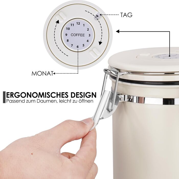 Пластиковий контейнер для кави 1 кг з дозатором, датою та мірною ложкою, 2.8 л, нержавіюча сталь, для кави, чаю, горіхів, какао (Бежевий)