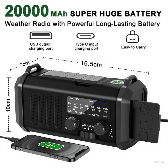 Радіостанція Leaton з ручним заводом, NOAA, AM/FM, 20000 mAh | Сонячна Power Bank, USB-C, ліхтарик, SOS-сигнал для кемпінгу та надзвичайних ситуацій (Чорний)