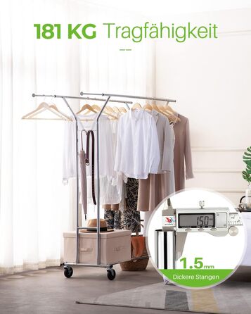 HOKEEPER Heavy-Duty Clothes Rack, Commercial Grade, Up to 181 kg (400 lbs) Load Capacity, Extendable Clothes Rod on Wheels, Durable Double Rails for Hanging Clothes, Silver