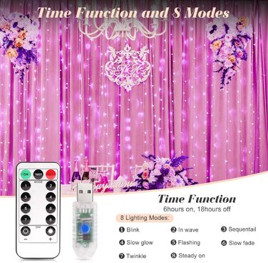 Ланцюжок LED-ліхтарів Yizhet 3x3м, 300 LED, тепле біле світло, IP65, 8 режимів, для декору вечірки, шлюбу, Різдва, тераси (рожевий)