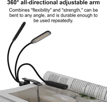 LED лампа для читання з кліпсою, USB перезарядна, 3 режими температури кольору, регульована яскравість, 360° гнучкий світильник для ліжка, столу та подорожей, білий (чорний)