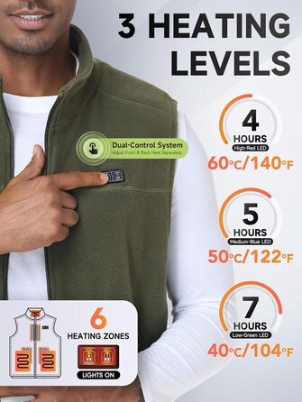 Обогріваючий жилет для чоловіків з акумулятором 10000mAh, 6 зон нагріву, USB, мікрофліс, регулювання температури, чорний (M)