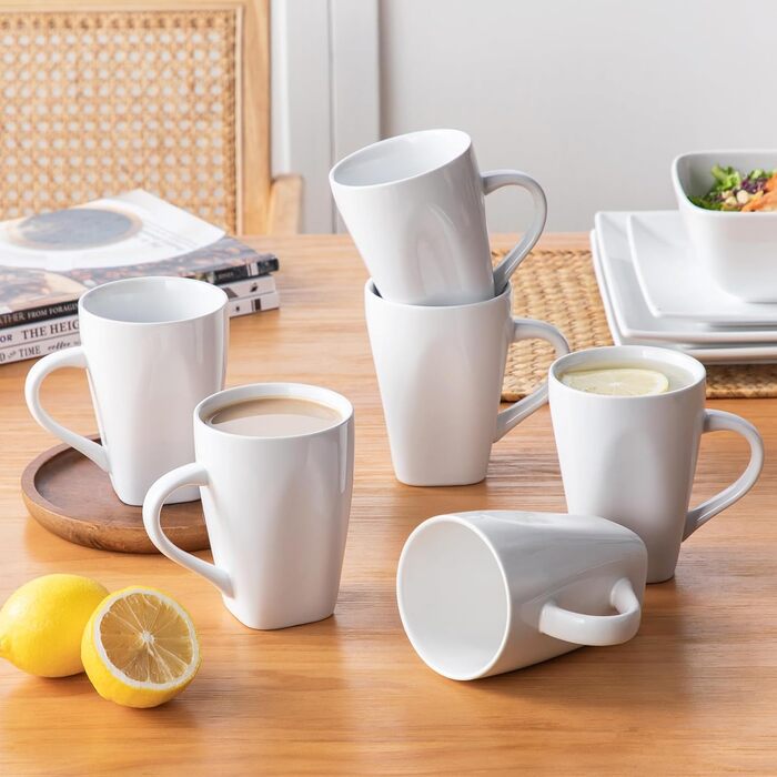 Square Dinnerware Set, Vancasso SOHO Tableware Service for 6 People, 24-Piece Stoneware Dinner Set with Dinner Plates, Dessert Plates, Bowls, and Cups, 24 Piece White