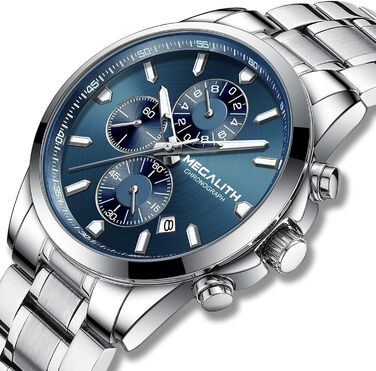 Чоловічий годинник MEGALITH з нержавіючої сталі, хронограф, водостійкий, аналоговий годинник для бізнесу, з календарем та підсвічуванням (B-silber-an)