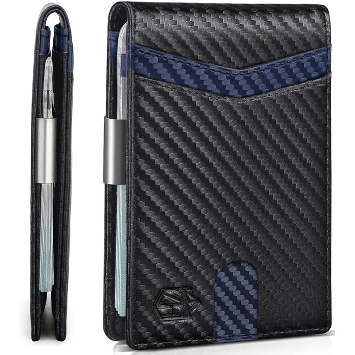 Чоловічий шкіряний гаманець Zitahli Sport-Fan з відділеннями для 10-12 карток, RFID-захистом, кліпсою для грошей та віконцем для посвідчення, тонкий, мінімалістичний, подарунок для чоловіків (карбонове чорний, акцентний синій)