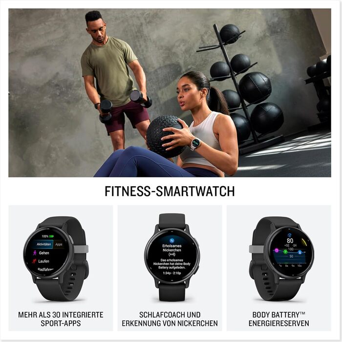 Розумний годинник Garmin Vivoactive 5 42mm - GPS, AMOLED, 11 днів, фітнес, здоров'я, 30+ спортивні режими, музика, Garmin Pay, чорний/сірий