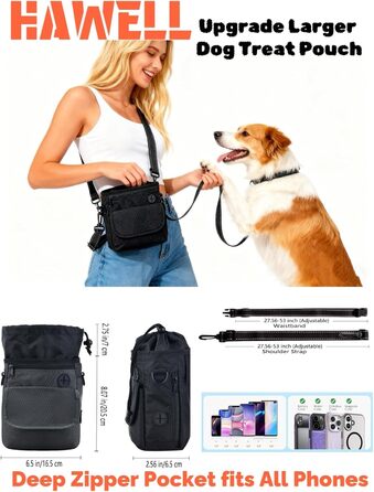 Водонепроникна сумка для ласощів для собак Hanwell з інтегрованим дозатором пакетів для екскрементів, сумка для дресирування собак на стегні та на плечі, чорна