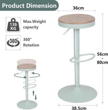 YOUNIKE Adjustable Bar Stools Set of 2 - Wooden Swivel Bar Height Stools with Footrest for Kitchen & Bar - Vintage Green