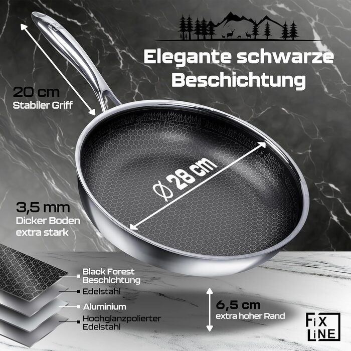 FIXLINE Black Forest Non-Stick Frying Pan - 28cm - Red Design - PTFE-Free - Compatible with All Cooktops (including Induction) - Oven Safe up to 250°C - Easy Cleaning - Ideal Gift
