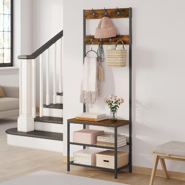 WOLTU Coat Rack Clothes Rail Laundry Rack Shoe Rack with Seat, with 7 Hooks, Made of Wood and Steel, Hanging Shelf, Black Vintage (Black + Rustic Brown)