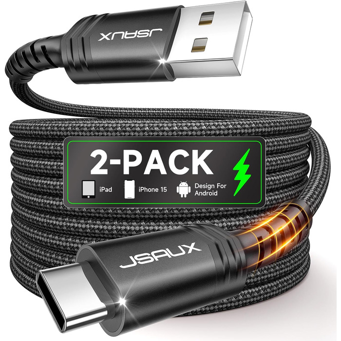 Кабель USB-C JSAUX 2 шт. (2м), 3.1A, нейлон, швидка зарядка, сумісний з Samsung Galaxy, iPhone, CarPlay, PS5