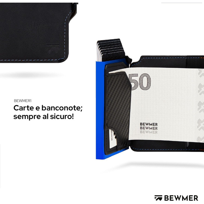 Картхолдер BEWMER 1 RFID захист, шкіряний гаманець для чоловіків та жінок, кліпса з карбону, чорний електросвітло-синій
