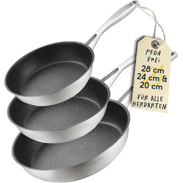 SILBERTHAL 3-Piece Stainless Steel Non-Stick Fry Pan Set - 20, 24, 28cm - Induction Compatible, Oven Safe
