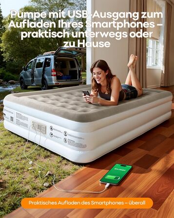 Надувний матрац Premium Luftmatratze з вбудованим насосом для 2 осіб, білий - швидке надування, м'яке флокування, для дому та кемпінгу