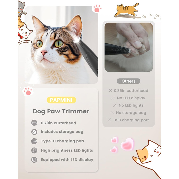 Триммер для собак Pfoten Trim Pro: тиха машинка для догляду за лапами, вухами та обличчям з LED-підсвічуванням, Type-C, чорний