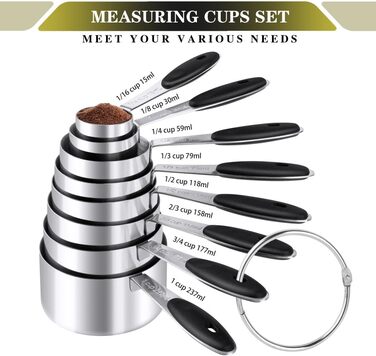 Measuring Cup and Spoon Set, 16 Pieces, Stainless Steel, 8 Nesting Measuring Cups and 7 Double-Sided Magnetic Measuring Spoon Set and 1 Leveler for Dry and Liquid Ingredients