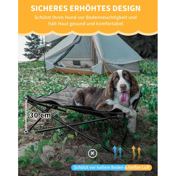 КінгКемп Лежанка для собак - портативна, з дихаючою сіткою та замшевим килимком, чорна, 57x57x23 см (77x77x30 см)