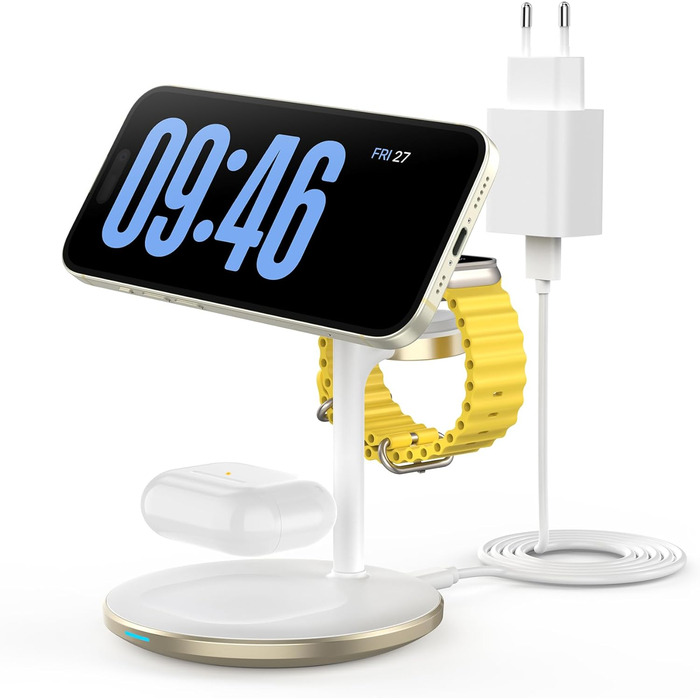 3-в-1 індукційна зарядна станція для декількох пристроїв, 15W швидка MagSafe станція для iPhone 15 14, MagSafe зарядний пристрій для iWatch Ultra 2/1/Series 9/8, AirPods, білий (Golden)