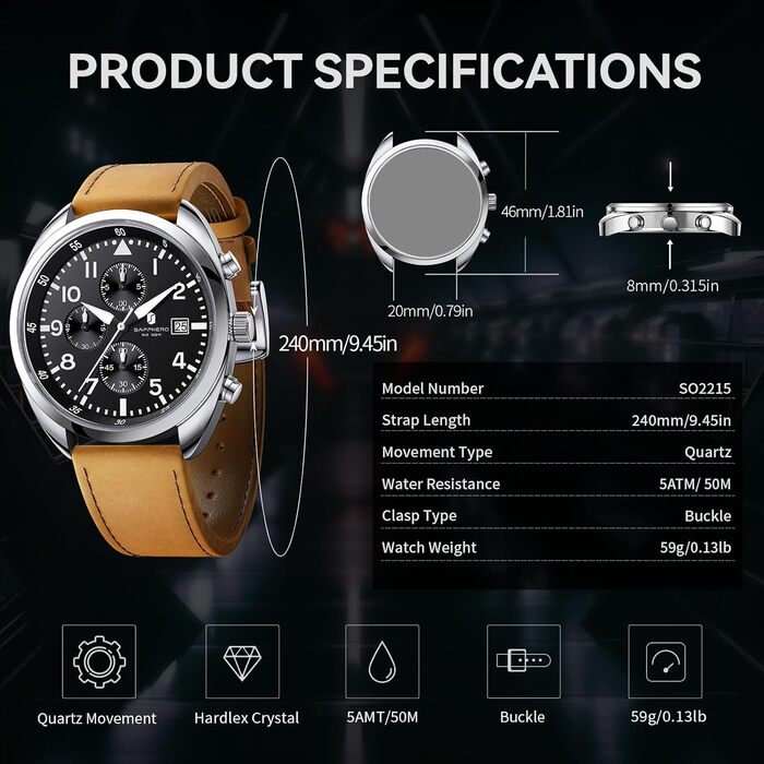 Чоловічий годинник SAPPHERO: кварцовий, аналоговий, з шкіряним ремінцем. Класичний бізнес-годинник, водостійкий (50 м), з арабськими цифрами, хронограф, стильний годинник для повсякденного носіння (срібний, чорно-коричневий ремінець, модель 2215)