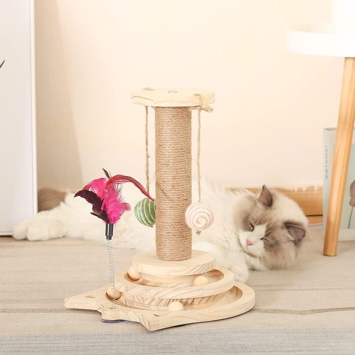 Wooden Cat Carousel, Multifunctional Cat Scratching Post, Wooden Cat Toy, Interactive Cat Toy, Size 26L x 26W x 34H cm