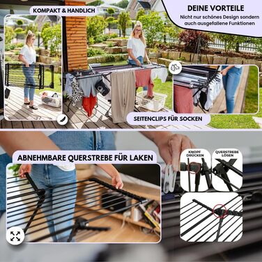 MONDHEIM® Сушарка для білизни XXL, 26 м довжини, чорна, знімний поперечина, для балкону/тераси