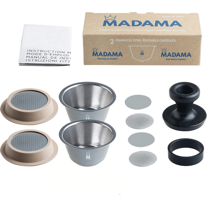 Madam - Refillable and reusable capsule, compatible with Dolce Gusto. Stainless steel and food-grade silicone. 100% Made in Italy. Pack of 2 coffee pads