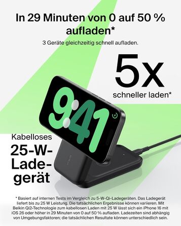 Зарядний станція Belkin UltraCharge 3 в 1 з Qi2.2, 25W, сумісна з MagSafe, для iPhone, AirPods, Apple Watch, Pixel, з адаптером 45W - Чорний