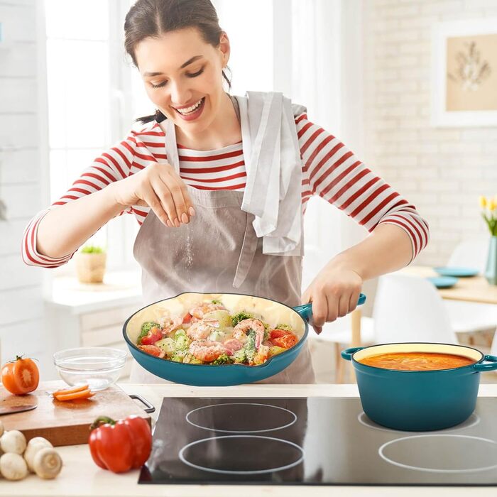 Набір чавунної емальованої посуду Denmay 7 предметів: голландська піч, сковорода, каструля для тушкування, соусник, 3 кришки. Підходить для всіх типів плит, з органайзером, блакитний