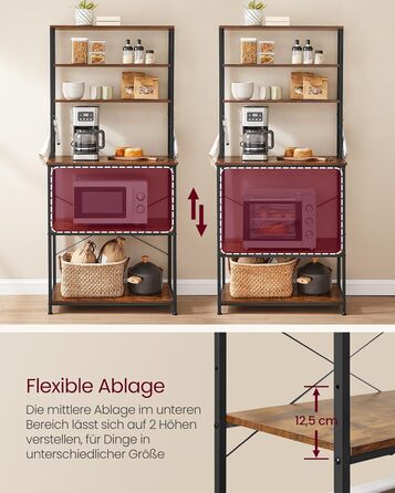 Стелаж кухонний VASAGLE з розетками, 6 полиць, гачки, сталевий каркас, 40x60x167 см, золотий дуб + білий