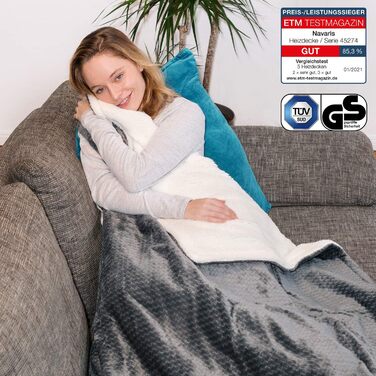 Електрична ковдра Navaris XXL з підігрівом 180x130 см, 3 режими, автовимкнення, пральна, сіра та біла, плюшева