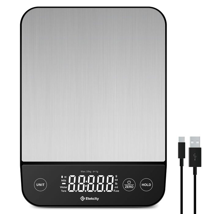 Etekcity Digital Kitchen Scale - 1g Precision, 10kg Capacity, LED Display, Tare Function, USB Rechargeable, Stainless Steel