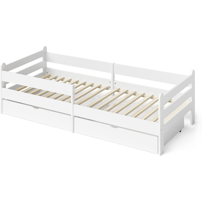 Bellabino Kinderbett Kuru 90x200 with 2 Drawers, Single Bed for Children incl. Fall Protection and Slatted Frame, White Children's Bed, Bed for Boys and Girls with Drawers White