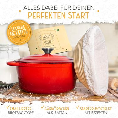 KRUSTENZAUBER Cast Iron Pot [incl. Proofing Basket] - High-Quality Enamel Pot 26cm - Ideal Cast Iron Bread Pot for Baking, Cast Iron Pot for Baking Bread, Bread Baking Accessories Enamel Red