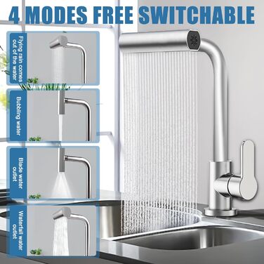 Кухонний змішувач Wasserhahn з поворотним виливом 360°, високий тиск, 4 режими струменя, з душом, з підключенням (нержавіюча сталь)