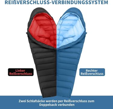 Спальний мішок для дорослих та дітей, легкий зимовий, Outdoor 8°C ~ -30°C для кемпінгу та альпінізму з 650 FP гусячим пухом (Блакитний, 1000г пуху)